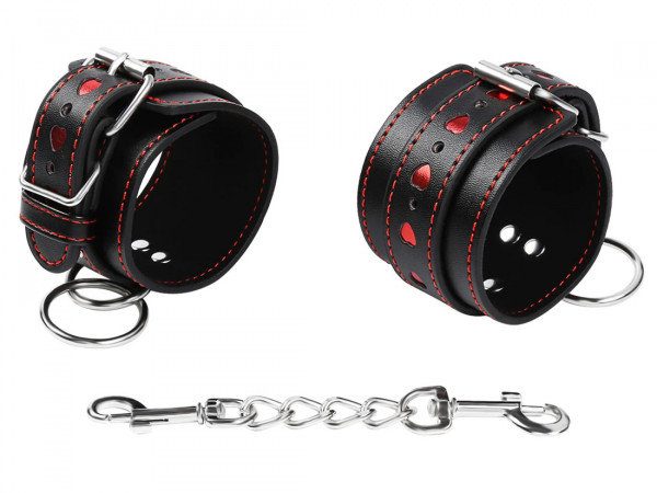WRIST CUFFS - HEART [Smart Moves BDSM] schwarz/silber/rot
