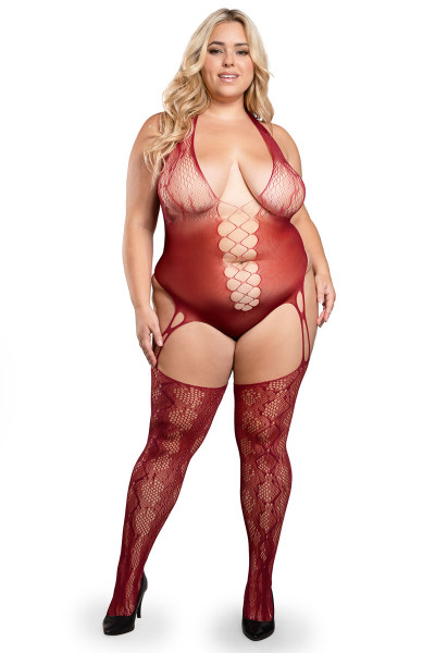 PRETTY POISON - BODYSTOCKING - QUEENSIZE [Fantasy Lingerie - Sheer] burgunder